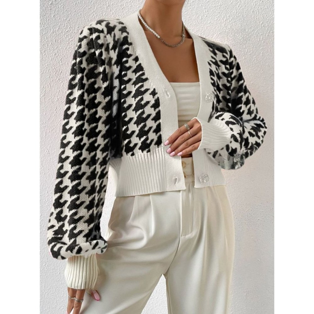 Houndstooth Lantern Sleeve Cardigan Black/White - Picture 4 of 9